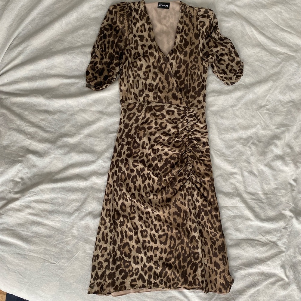 NICHOLAS Leopard Print Silk Midi Length Dress
